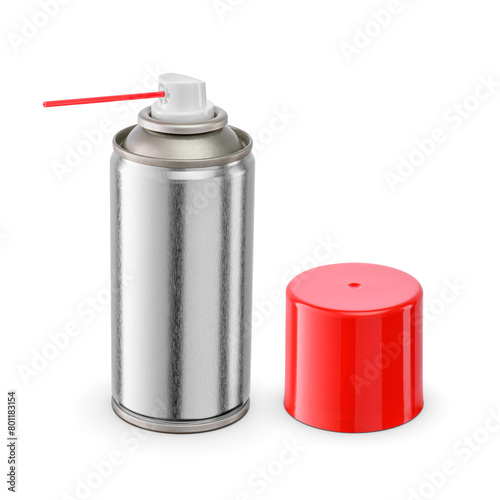 Open metallic aerosol can with red straw isolated. Lube, grease, canned air, rust remover. Transparent PNG image.