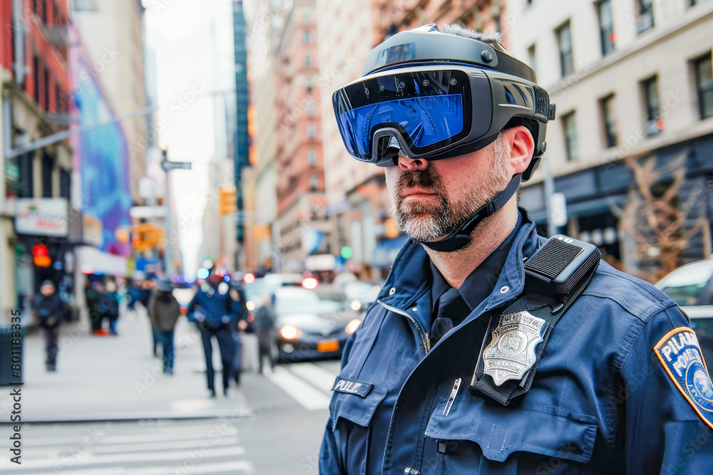 A policeman on duty, equipped with virtual reality goggles, patrol the city streets. A policeman on duty, equipped with virtual reality goggles, patrol the city streets.