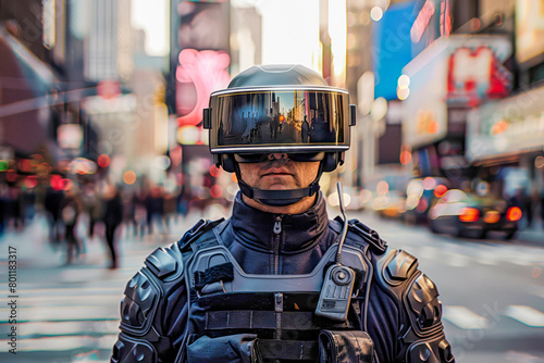 SWAT officer on duty, equipped with virtual reality goggles, enforces order on city streets.