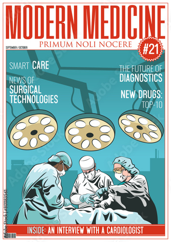 Typical Medicine Magazine's Cover Vector Template. Surgery, Surgeon, Headlines, Titles Frame for Medical Posters, Illustrations