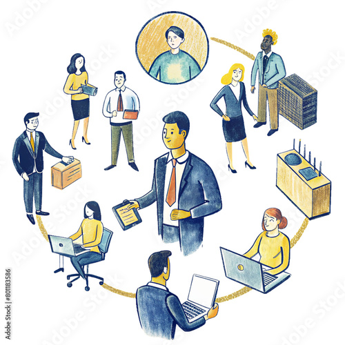 a group of people are around a circle with one that says business