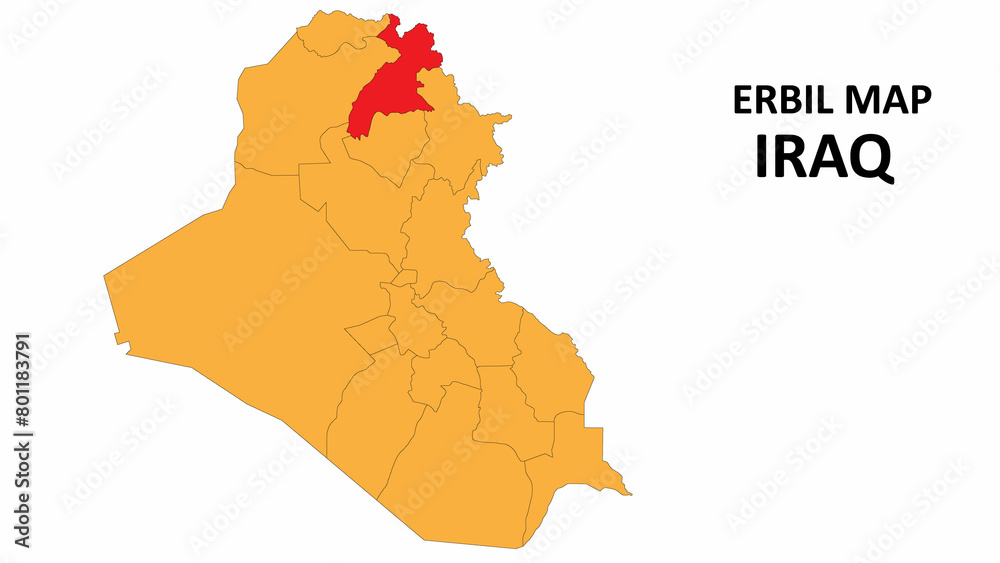 Erbil Map is highlighted on the Iraq map with detailed state and region outlines.
