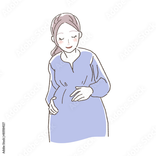 Illustration of pregnant woman touching her belly happily.

