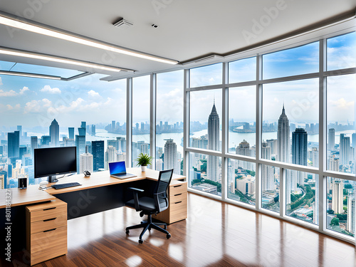 Interior decoration of high-rise offices, with desks and computer screens. Outside the windows, there is the city skyline, a gathering place for technology and financial enterprises, and the city cent photo