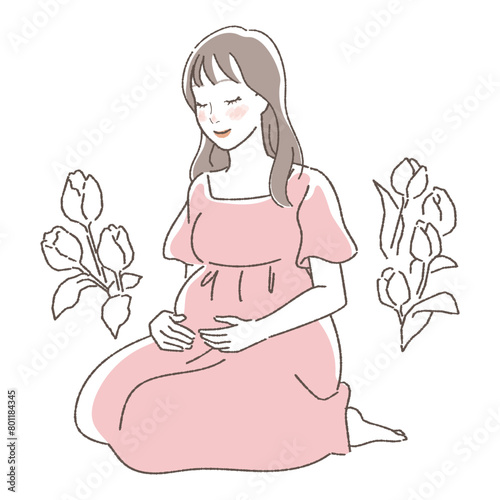 Illustration of pregnant woman touching her belly happily.
