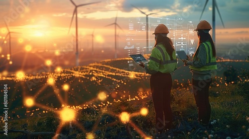 A team of renewable energy engineers working amidst a landscape dotted with wind turbines and solar panels. consulting data on laptop with holographic analytics floating in the air. Generative AI.