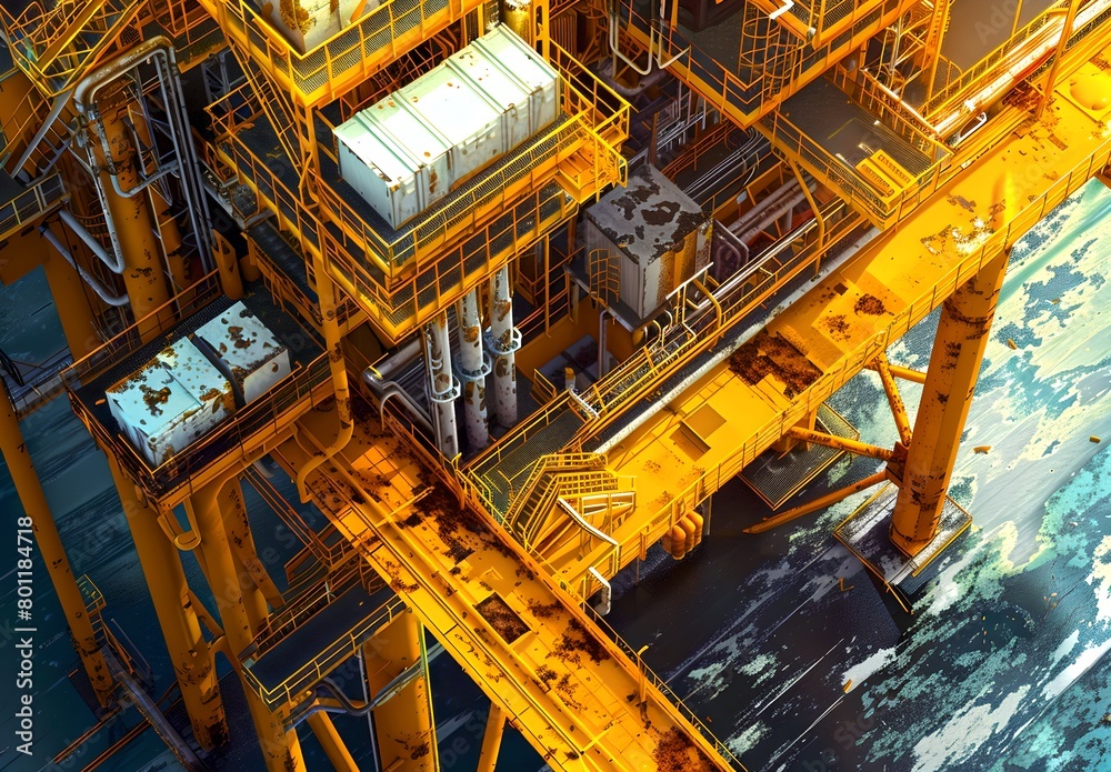 Aerial View of an Industrial Offshore Oil Platform. Energy Production Infrastructure at Sea. Modern Engineering and Maritime Operations. AI