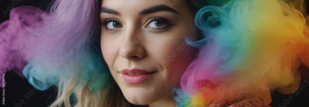 Double exposure woman portrait with vivid rainbow color smoke for positive mindset and creative state of mind and psychology concept. Meditative and men
