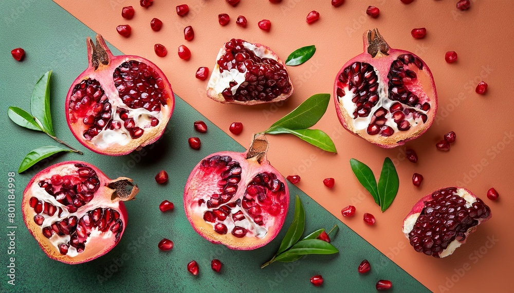 Pomegranate pattern on pastel background, top view. Flat lay with fresh pomegranate. Minimal summer concept Pomegranate pattern on pastel background, top view. Flat lay with fresh pomegranate. Minimal summer concept