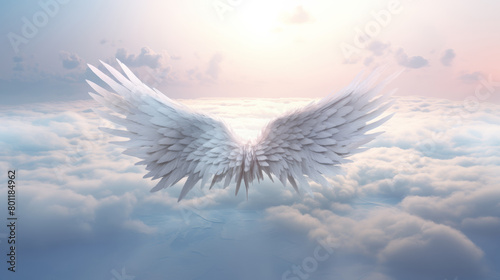 Realistic White Feather Wings Soaring Above Clouds: Perfect Fantasy Graphic Resource