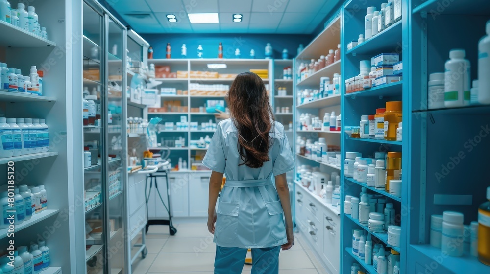 Ethereal Pharmacist Gliding Along Aisle of Healing Remedies