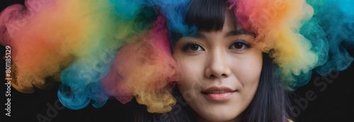 Asian people Double exposure woman portrait with vivid rainbow color smoke for positive mindset and creative state of mind and psychology concept. Meditative and men