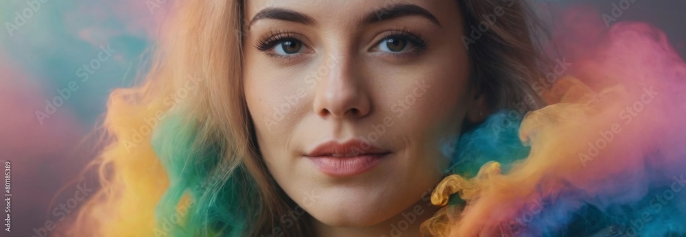 short blonde hair Double exposure woman portrait with vivid rainbow color smoke for positive mindset and creative state of mind and psychology concept. Meditative and men