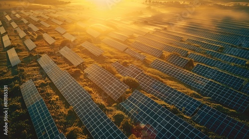 Aerial view of a solar farm in the sunlight  Under the concept of sustainable energy use. Generative AI.