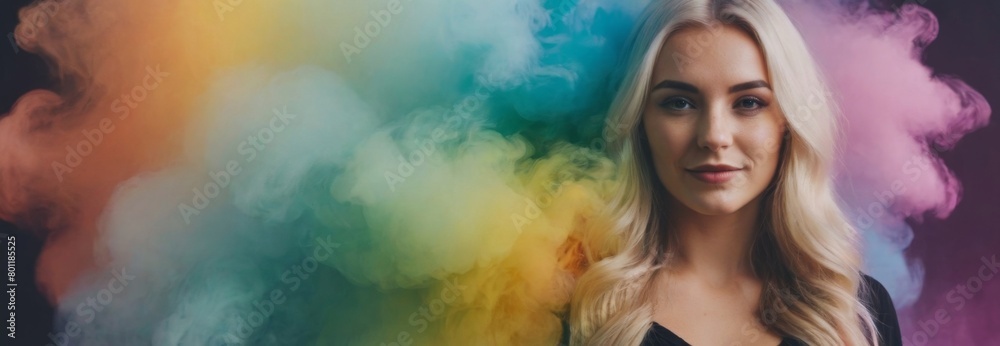 short blonde hair Double exposure woman portrait with vivid rainbow color smoke for positive mindset and creative state of mind and psychology concept. Meditative and men short blonde hair Double exposure woman portrait with vivid rainbow color smoke for positive mindset and creative state of mind and psychology concept. Meditative and men