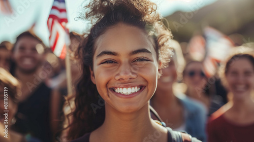Young american woman smiling, holding American flags at outdoor event. © tiagozr