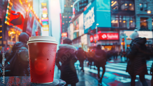 Red paper coffee cup with busy city street mockup