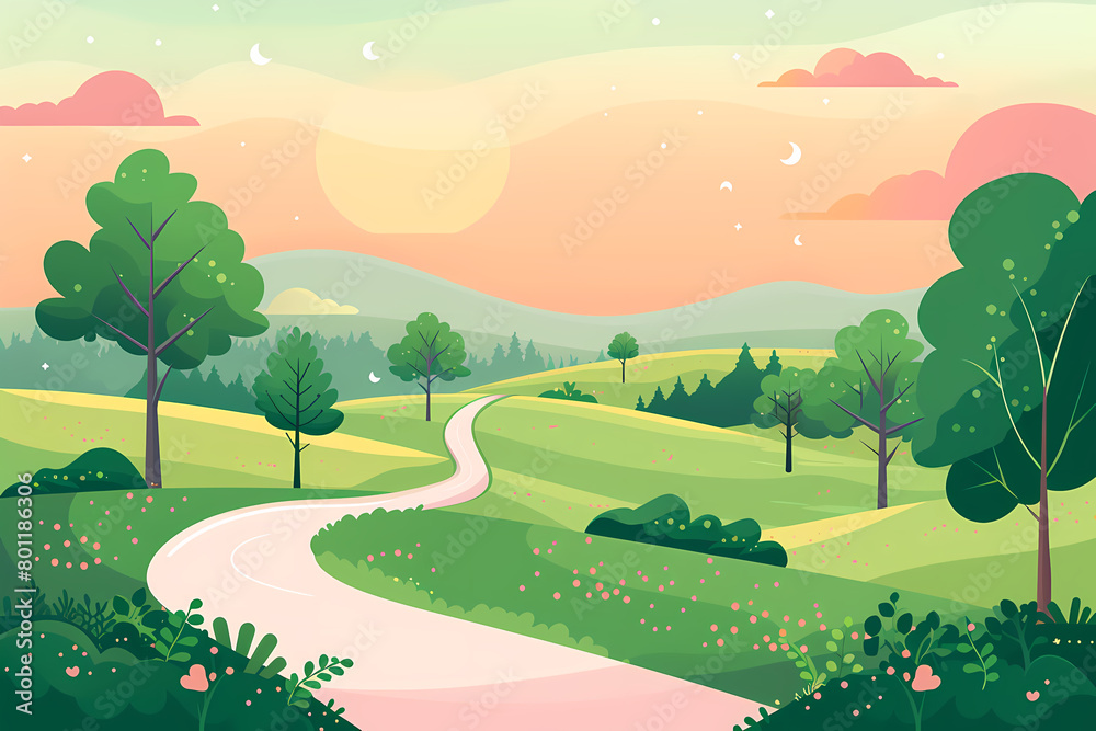 cartoon, nature, grass, road, illustration