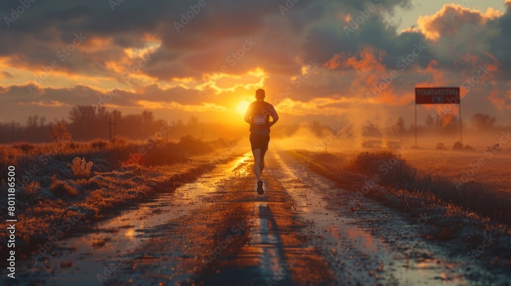 Fototapeta premium Sunset Run: Solitary Jogger On Rural Road Amidst Vivid Twilight Sky. Global Running Day