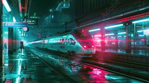 View of a fast train stopping at a modern station in a cyberpunk city AI generated image © anis rohayati