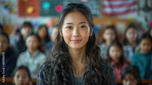 Confident Asian Female Student in Classroom Environment. National Teacher Day in the USA