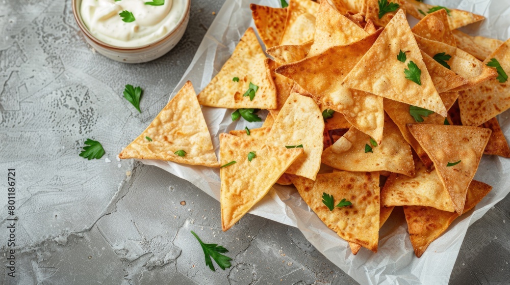 Fried triangular golden samosas on parchment paper with dipping sauces.