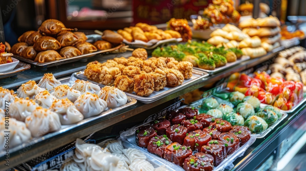 Assorted Asian Street Food Delicacies at a Market Stall