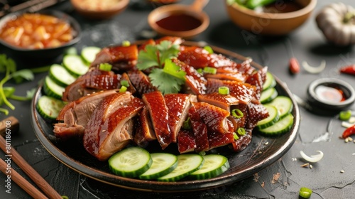 Sliced roasted duck served with cucumbers and sauce on a dark background.