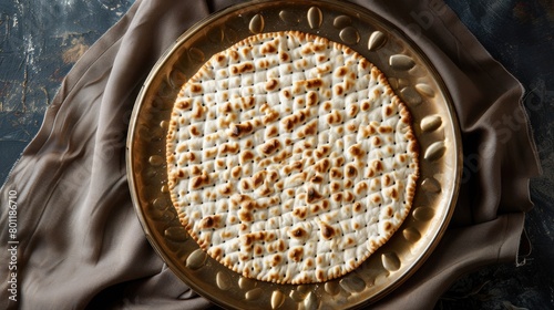 Traditional Jewish Matzo Flatbread on a Golden Plate