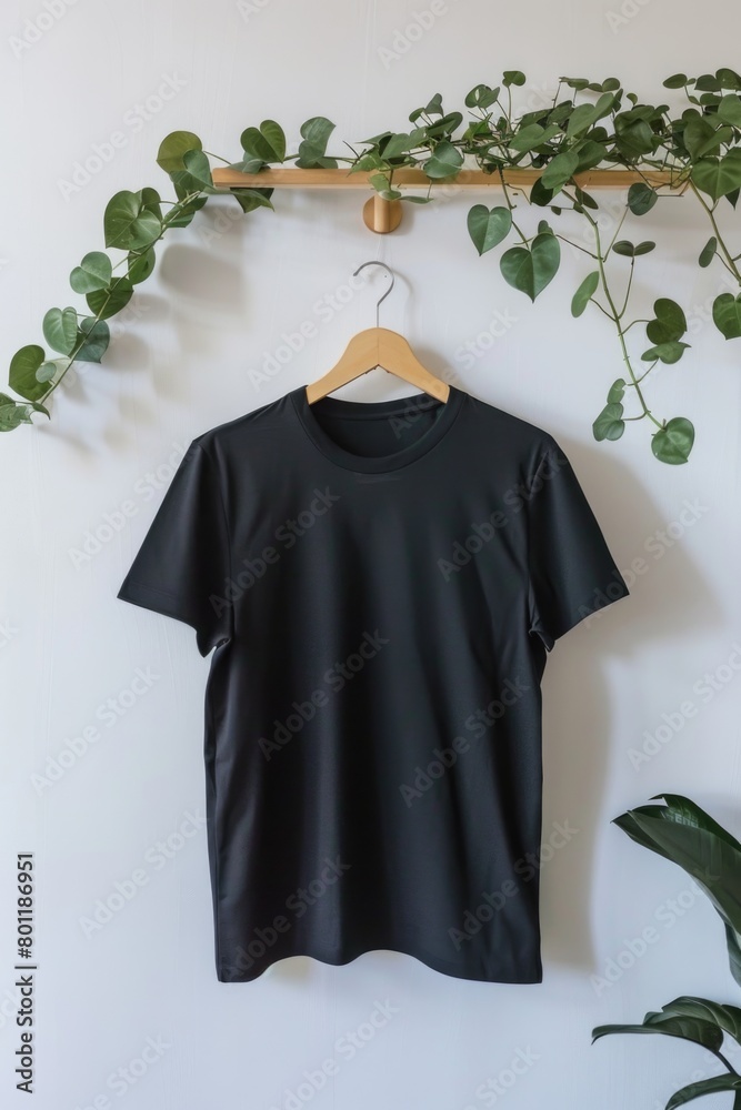 Black t-shirt on wooden hanger against white curtain with green foliage. Black t-shirt on wooden hanger against white curtain with green foliage.