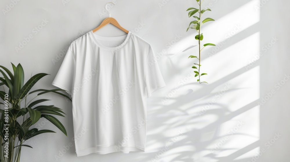 White T-shirt on wooden hanger with houseplant and shadow play. White T-shirt on wooden hanger with houseplant and shadow play.