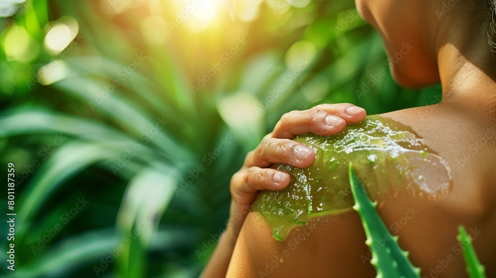 Obraz premium Young adult applying aloe vera gel on a sunburned shoulder concept of natural remedies for sunburn 
