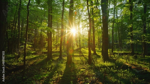 Serene Forest Sunrise with Lush Green Trees and Sunbeams. World Environment Day