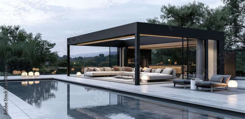 Modern glass pavilion with a black frame, large window, sofa and table inside the gazebo, pool outside, white outdoor furniture around, minimalist style house © Kien