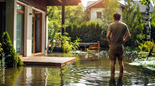 worried homeowner looking at a flooded backyard after a storm concept of weather-related home problems  photo