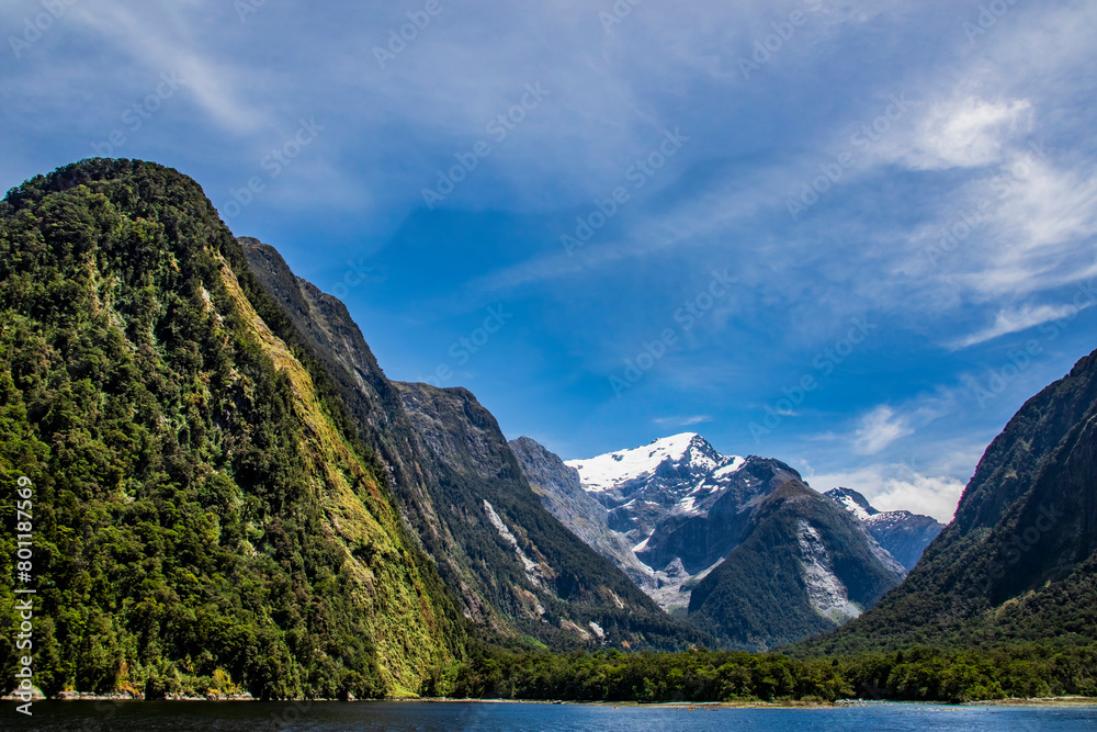 the natural view of Milford Sound, a fiord in the south west of New Zealand's South Island within Fiordland National Park. It has been judged the world's top travel destination.