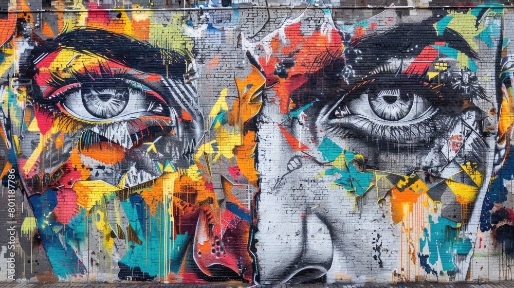 Naklejka premium Colorful graffiti art of abstract faces on a wall. Urban street art photography.