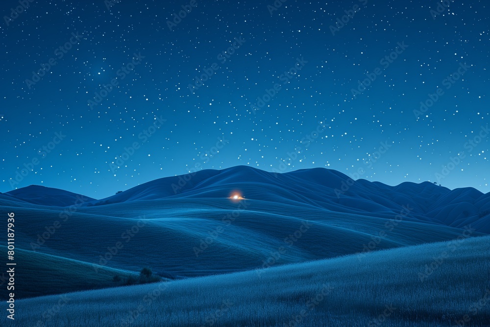 Starry night sky over a grass field with mountains in the background, AI-generated.