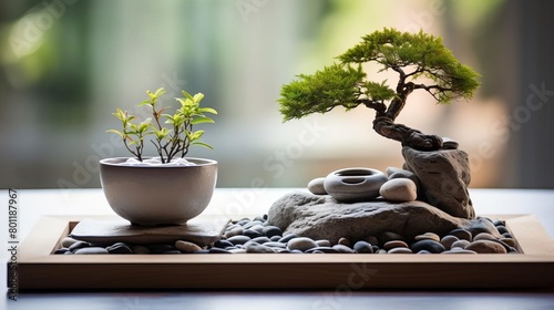 A beautiful bonsai tree and a small plant in a pot on a wooden table
