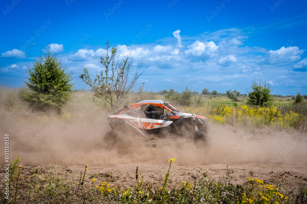 Fototapeta premium Hard ride UTV on sandy road. 4x4, extreme, adrenalin.