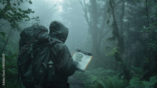 Hiker lost in a dense, misty forest, using a compass and map, eerie green and grey tones, focus on confusion and determination 