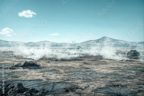 Wide stretch of desolate terrain with few trees and rocks far away, AI-generated.