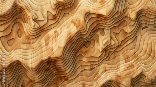 Carved wooden texture in wave patterns. Close-up photo of wood carving. photo