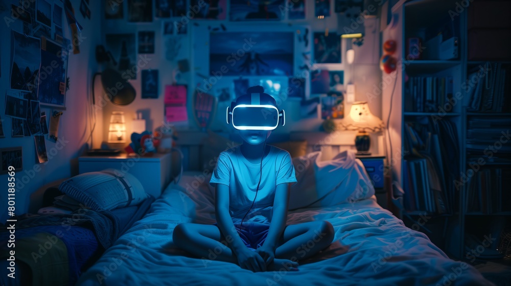 Obraz premium Teenager using virtual reality in a cluttered, small bedroom, immersed in a digital world, contrast between dark room and glowing VR lights 