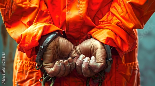Close-up of a person in orange prison jumpsuit with handcuffed hands. Concept of incarceration. Law, justice theme. Capturing the essence of penal control. AI photo