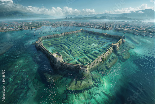 Underwater maze resembling an ancient fort structure, AI-generated.
