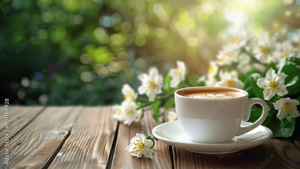 a cup of coffee placed on wood table, nature blurry background