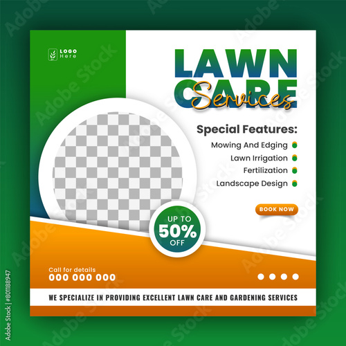 Modern lawn care garden or landscaping service for social media cover or post design template; organic food and agriculture web banner with abstract green gradient and yellow color shapes