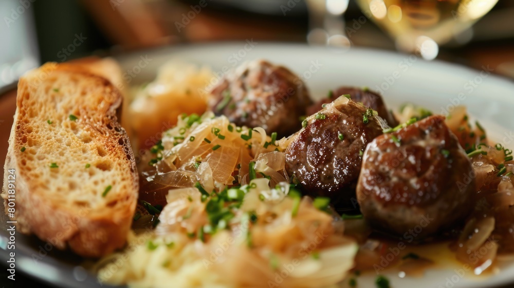 Grilled meatballs with caramelized onions and toast on a plate. Close-up culinary photography.