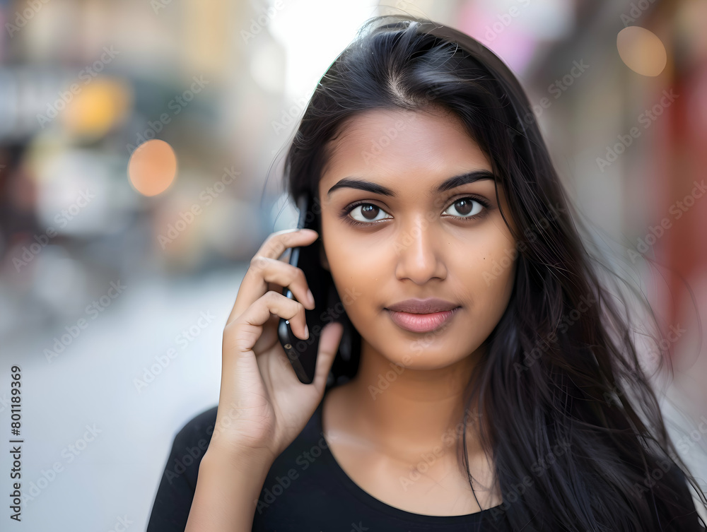 Portrait of a beautiful Indian young woman tourist in the street talking on her phone Portrait of a beautiful Indian young woman tourist in the street talking on her phone